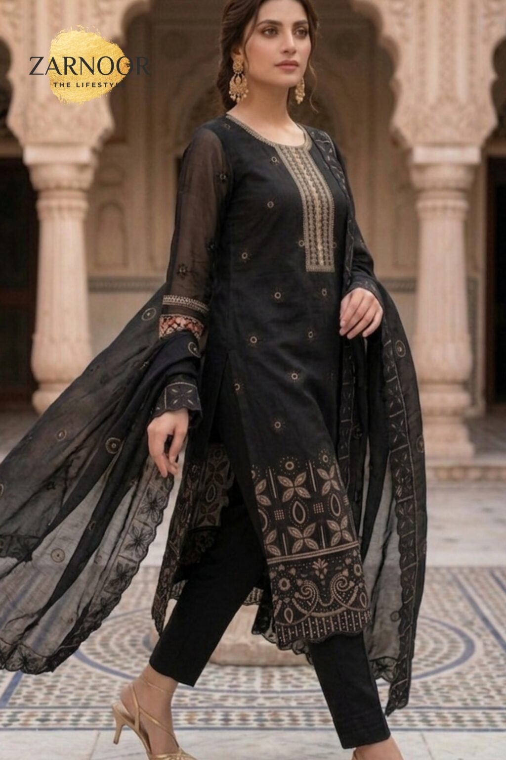 Premium Black Embroidered Unstitched Lawn Banadora 3 Piece Suit