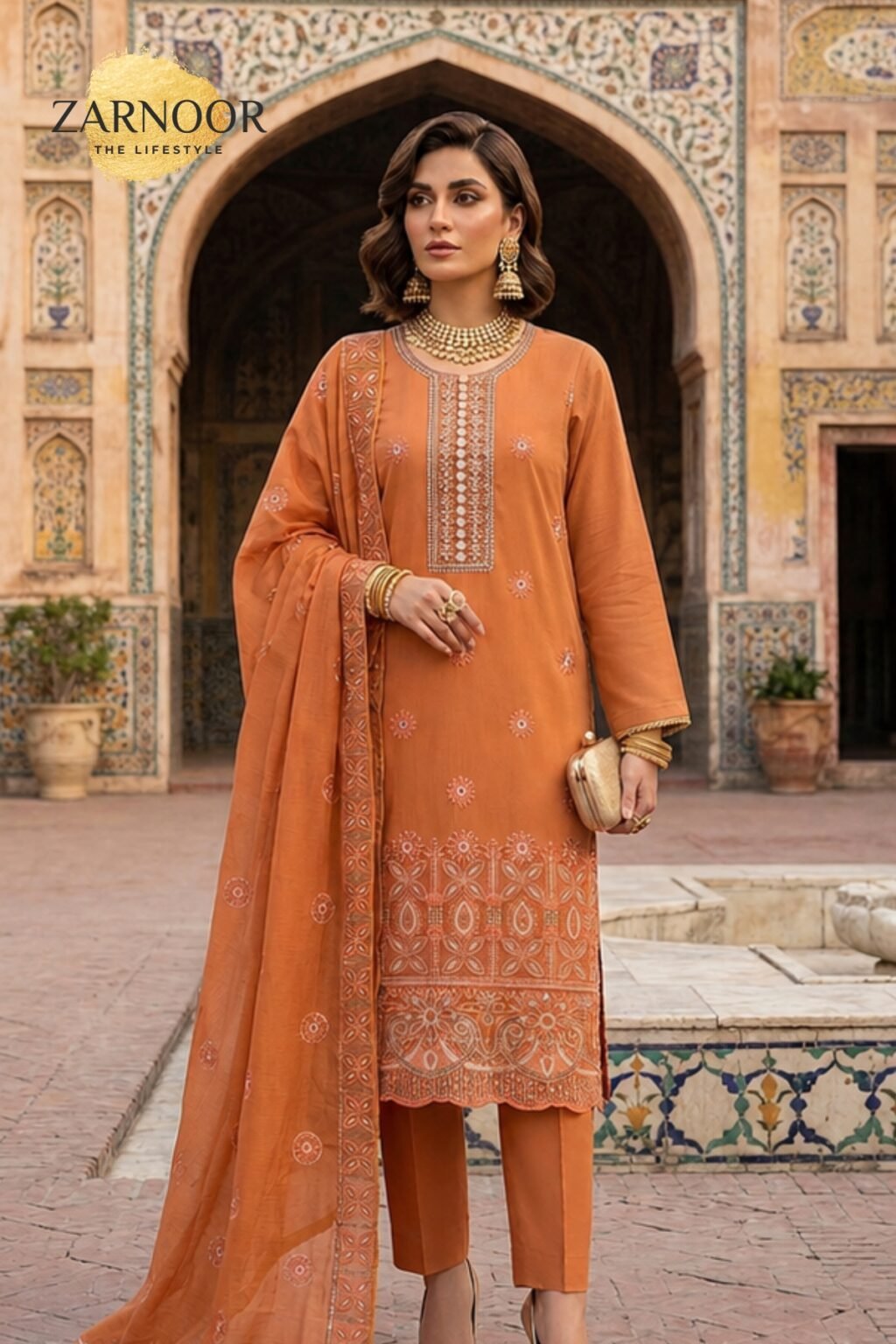 Premium Orange Embroidered Unstitched Lawn Banadora 3 Piece Suit (1)