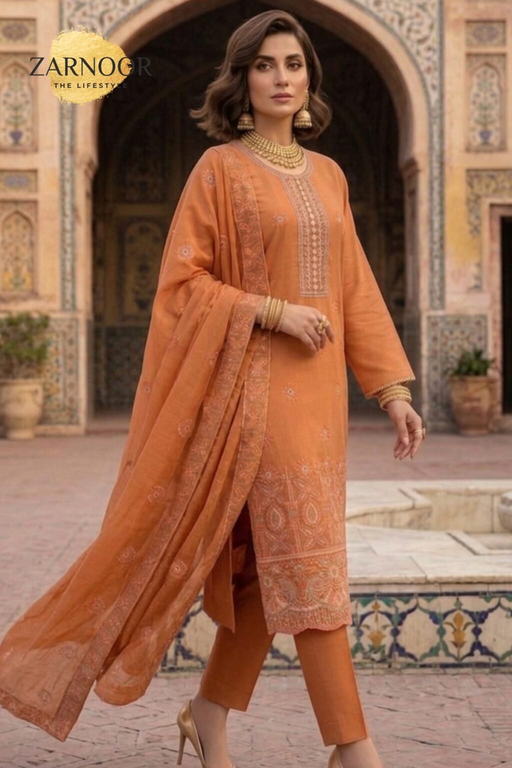Premium Orange Embroidered Unstitched Lawn Banadora 3 Piece Suit (2)