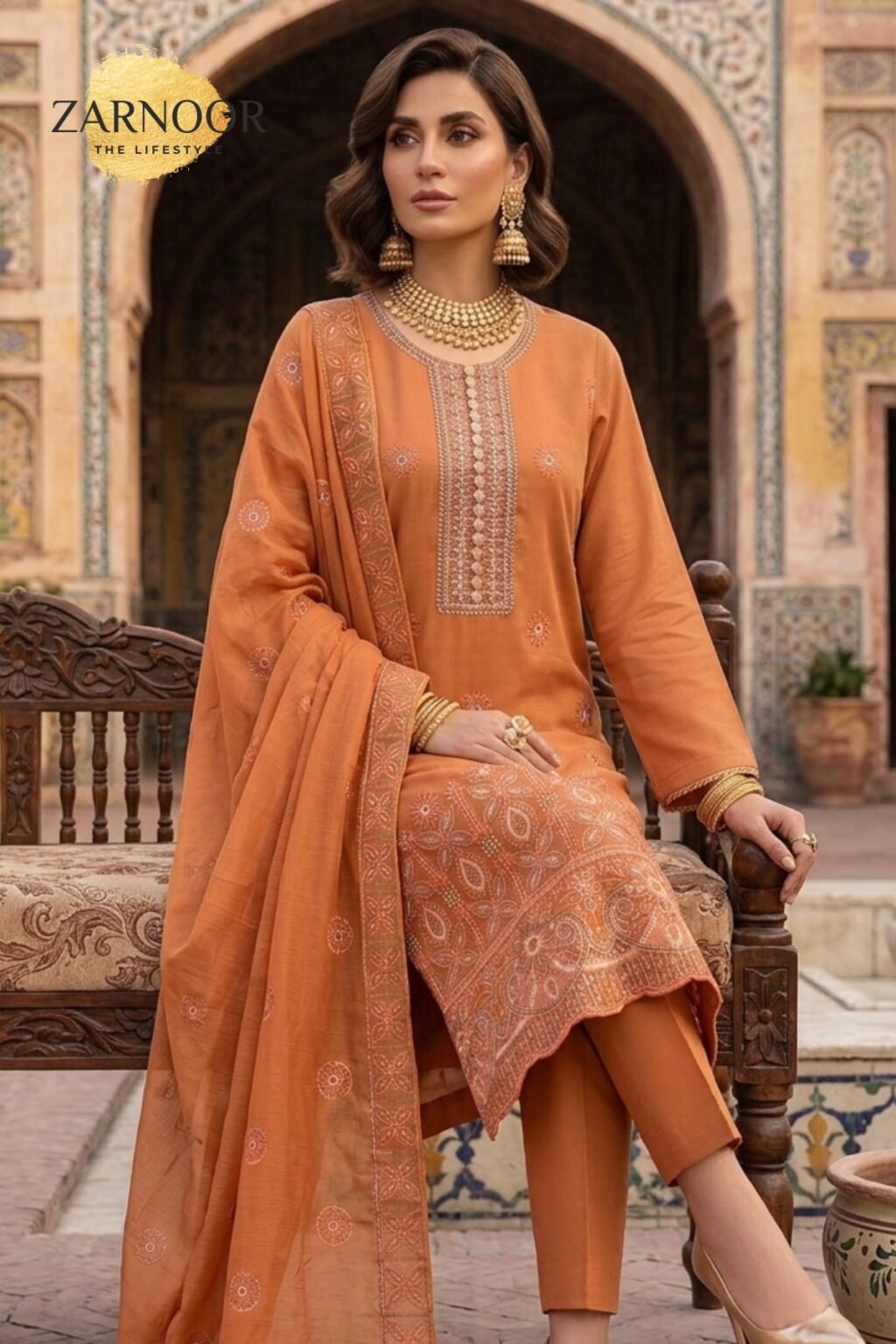 Premium Orange Embroidered Unstitched Lawn Banadora 3 Piece Suit (3)