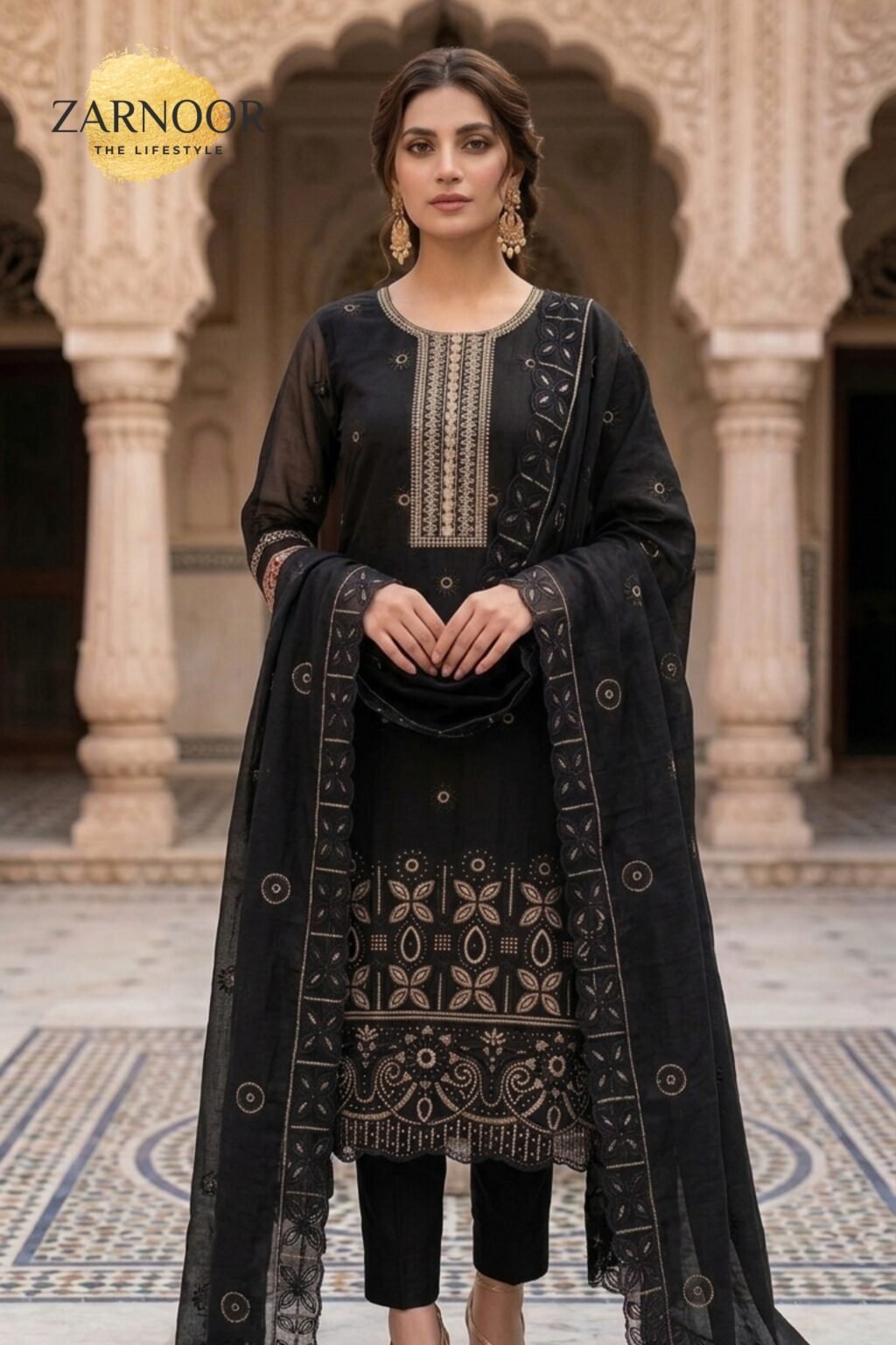 Premium Black Embroidered Unstitched Lawn Banadora 3 Piece Suit