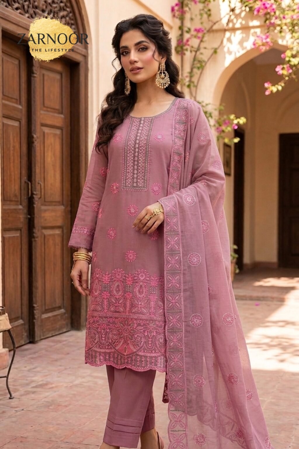 Premium Tea Pink Embroidered Unstitched Lawn Banadora 3 Piece Suit (6)