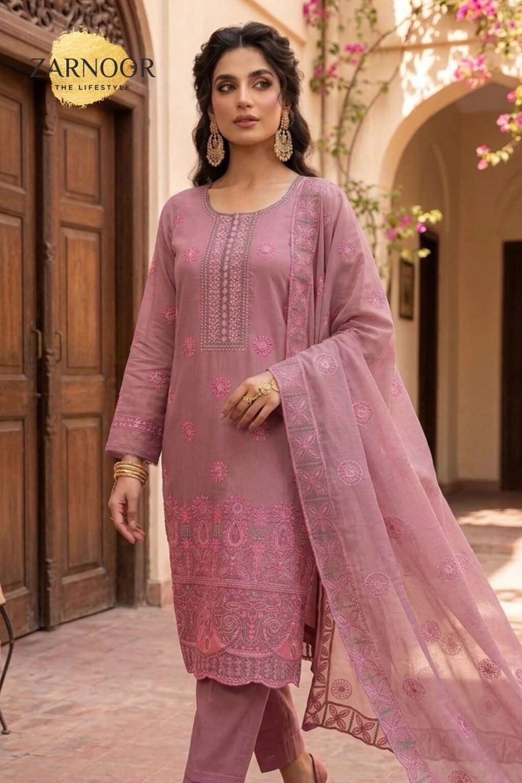 Premium Tea Pink Embroidered Unstitched Lawn Banadora 3 Piece Suit (7)