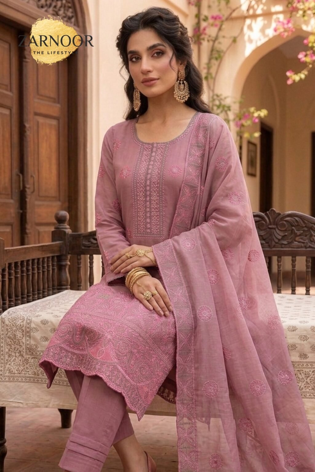 Premium Tea Pink Embroidered Unstitched Lawn Banadora 3 Piece Suit (8)