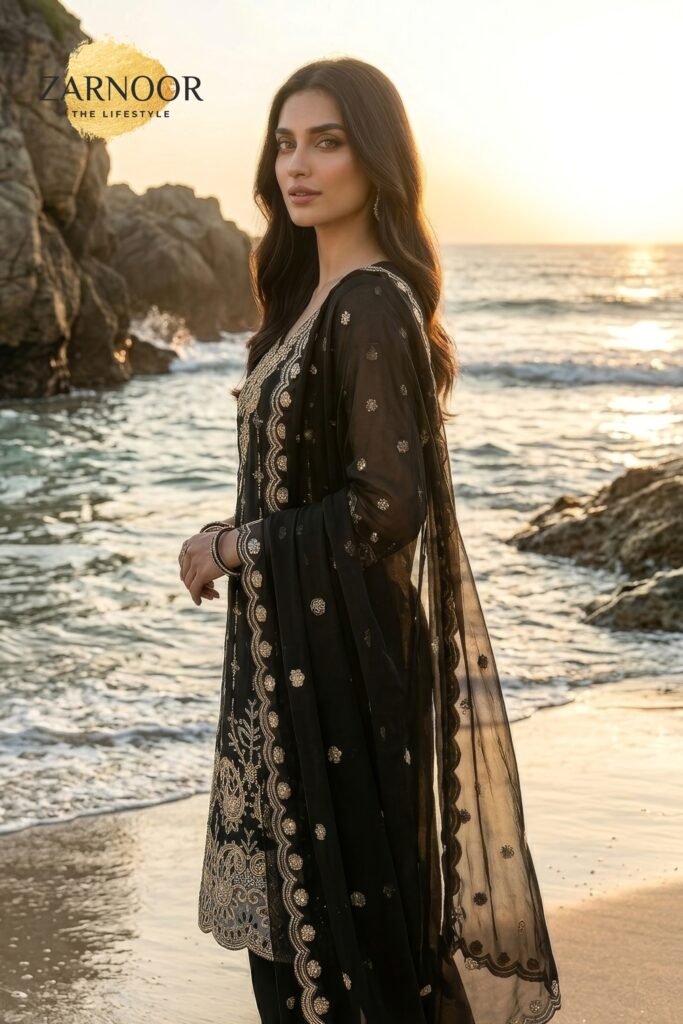 Dark black zarnoor-luxury-embroidered-mustard-suit