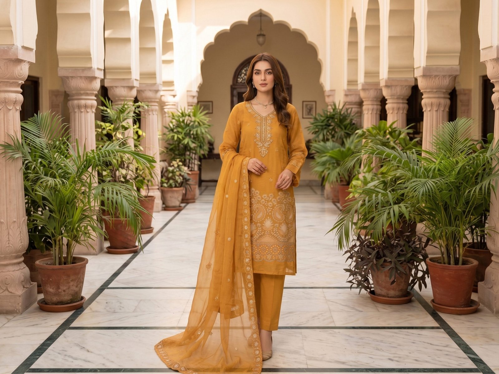 Pakistani fashion model wearing a Zarnoor mustard yellow 3-piece unstitched suit with heavy paisley embroidery and a sheer dupatta in a luxury courtyard setting