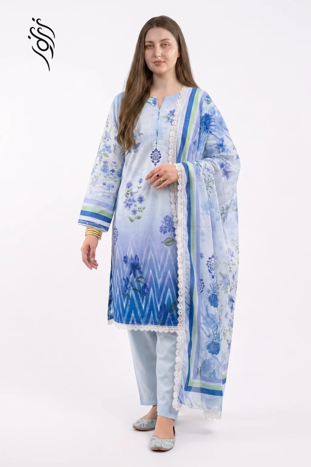 3 Peice Aqua Blue Lawn Digital Print (1)