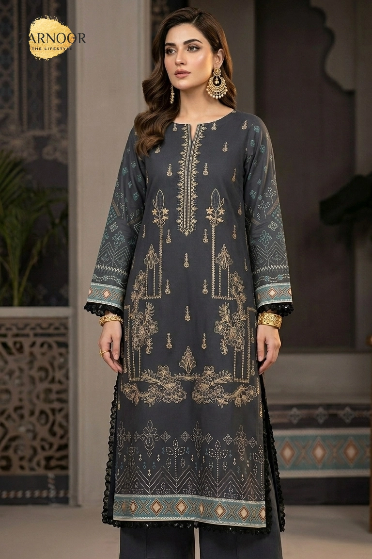 Woman wearing charcoal embroidered Chunri lawn 3-piece suit with lawn dupatta and dyed trousers