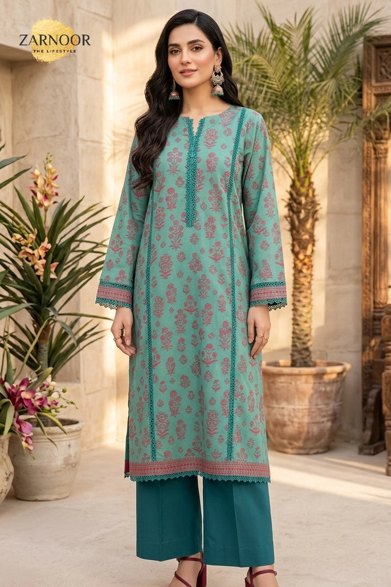 Woman wearing elegant printed lawn shirt with printed lawn dupatta and dyed cambric trousers in a stylish 3-piece suit