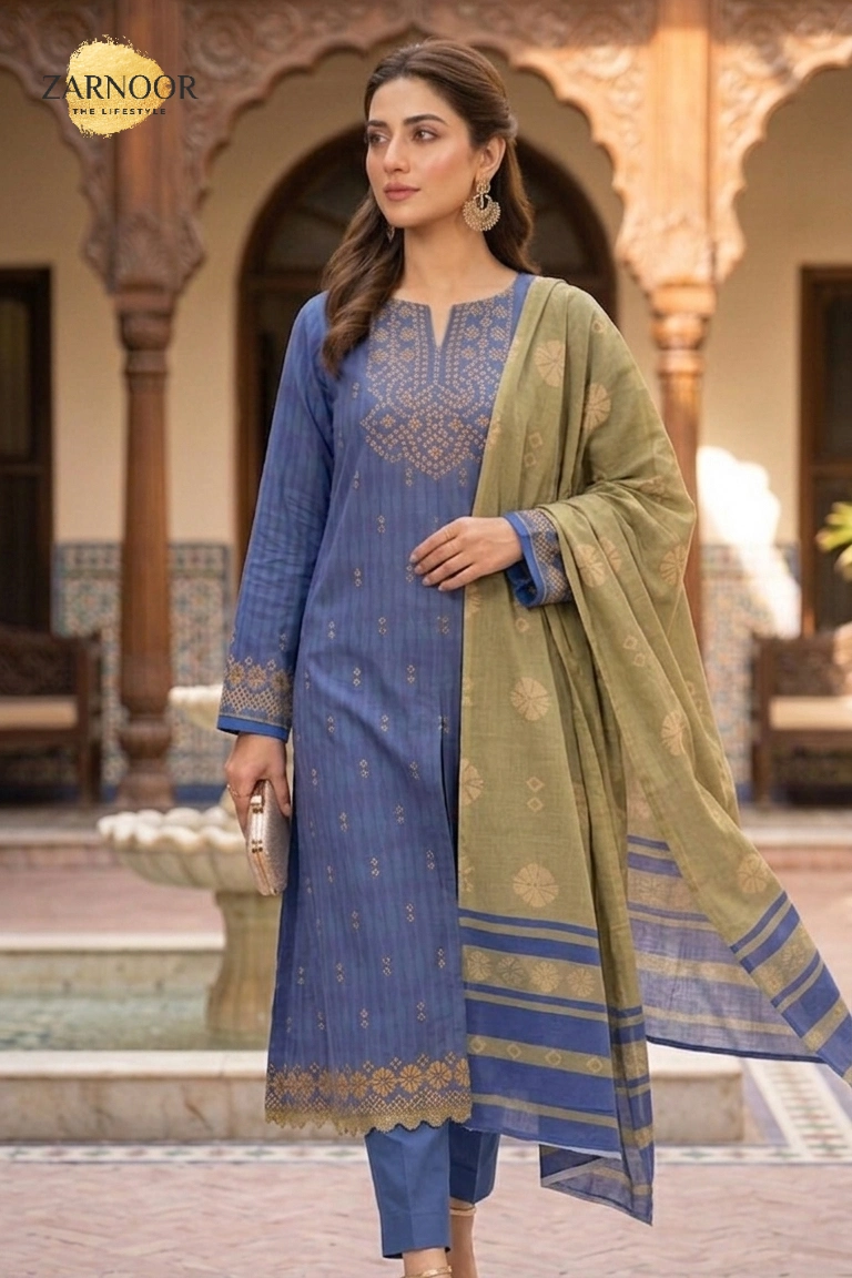 Woman wearing blue Chunri lawn 3-piece suit with printed lawn dupatta and dyed cambric trousers