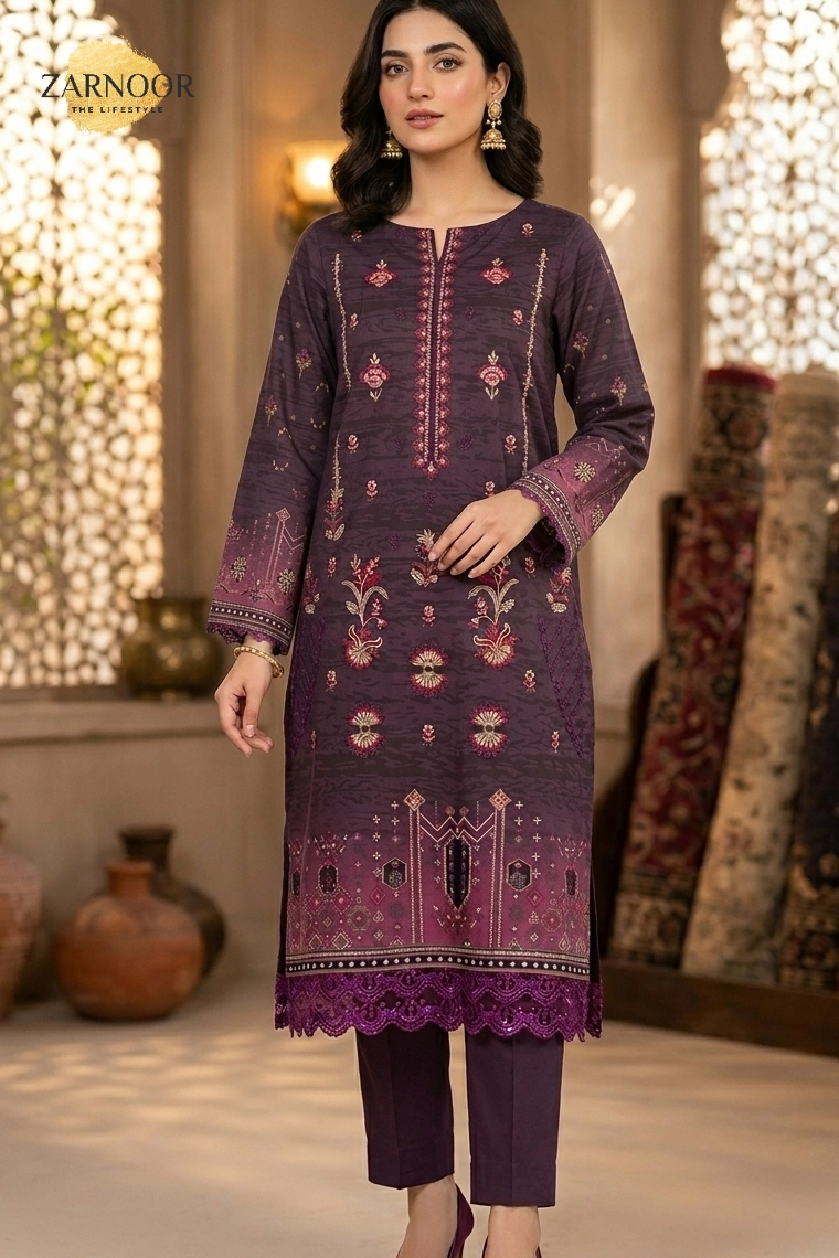 Woman wearing plum beige digital printed Banadora 3 piece suit with Malai voile dupatta and dyed cotton trousers