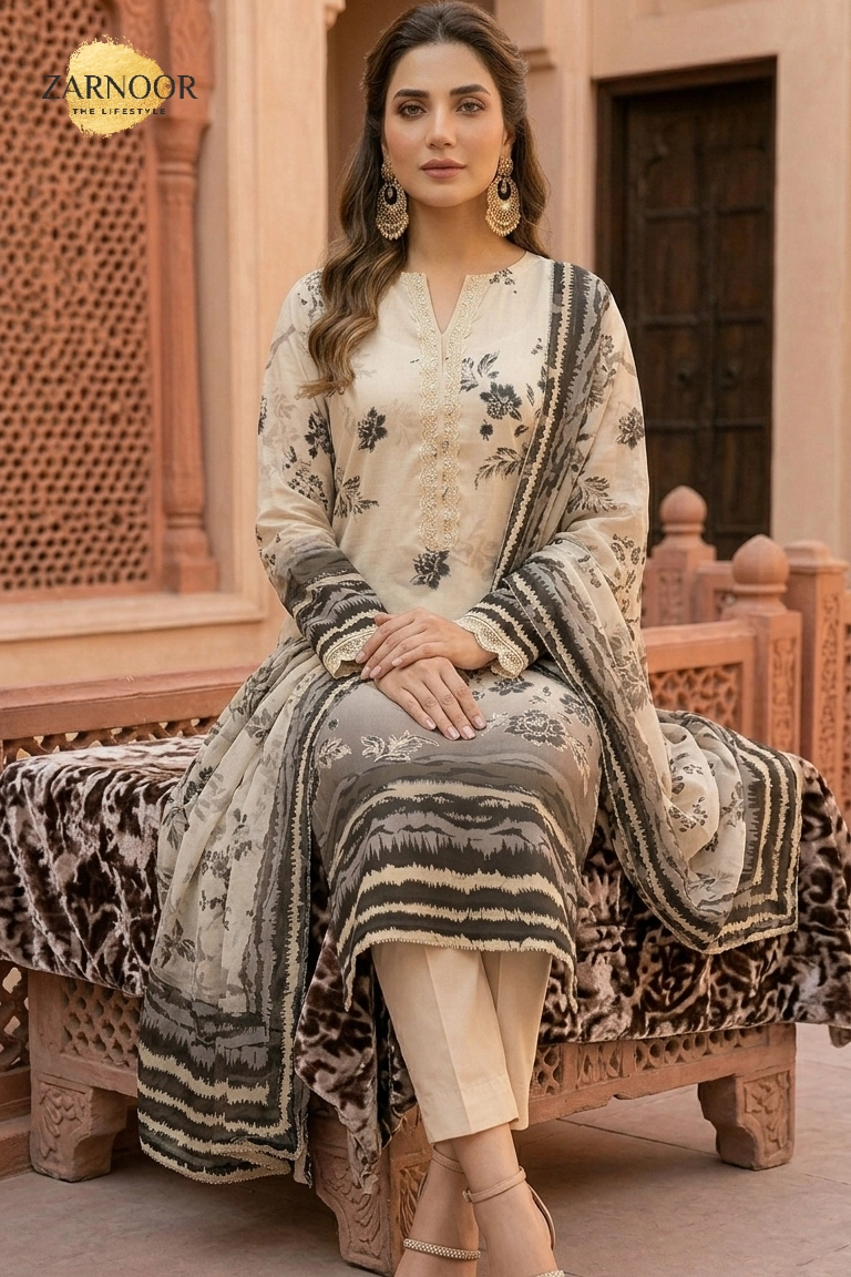 Woman wearing off white premium lawn digital print 3-piece suit with voile digital print dupatta and cotton dyed trousers