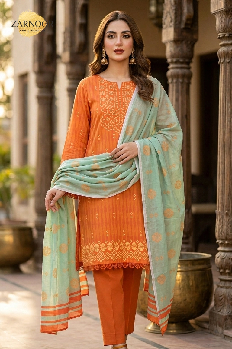Woman wearing orange Chunri lawn 3-piece suit with printed lawn dupatta and matching trousers