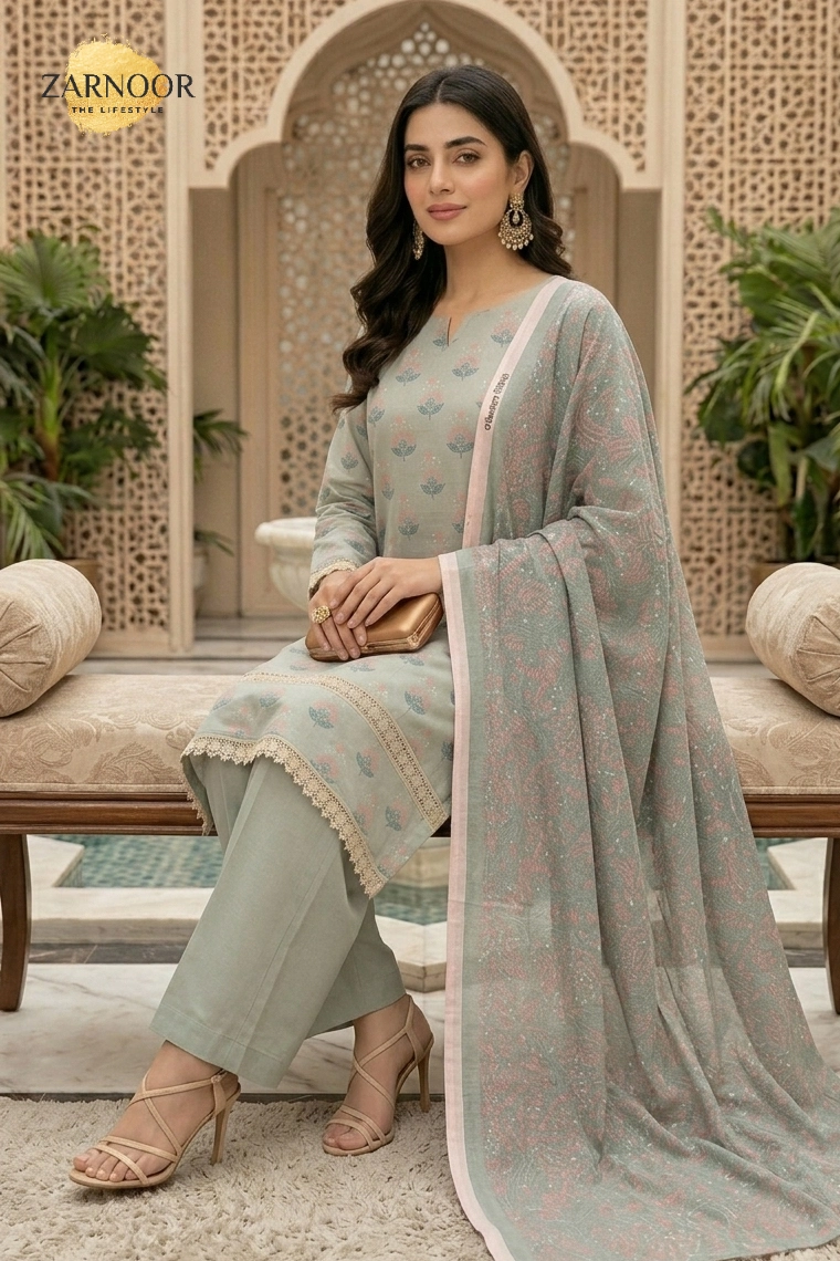 Woman wearing sage green printed lawn 3-piece suit with printed lawn dupatta and dyed cambric trousers