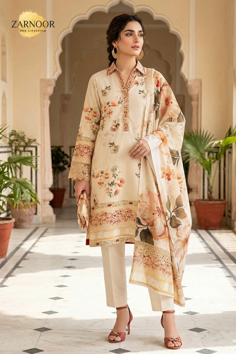 Woman wearing cream premium lawn digital print 3-piece suit with voile digital print dupatta and cotton dyed trousers