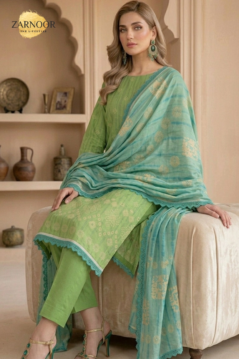 Woman wearing green Chunri lawn 3-piece suit with printed lawn dupatta and matching trousers