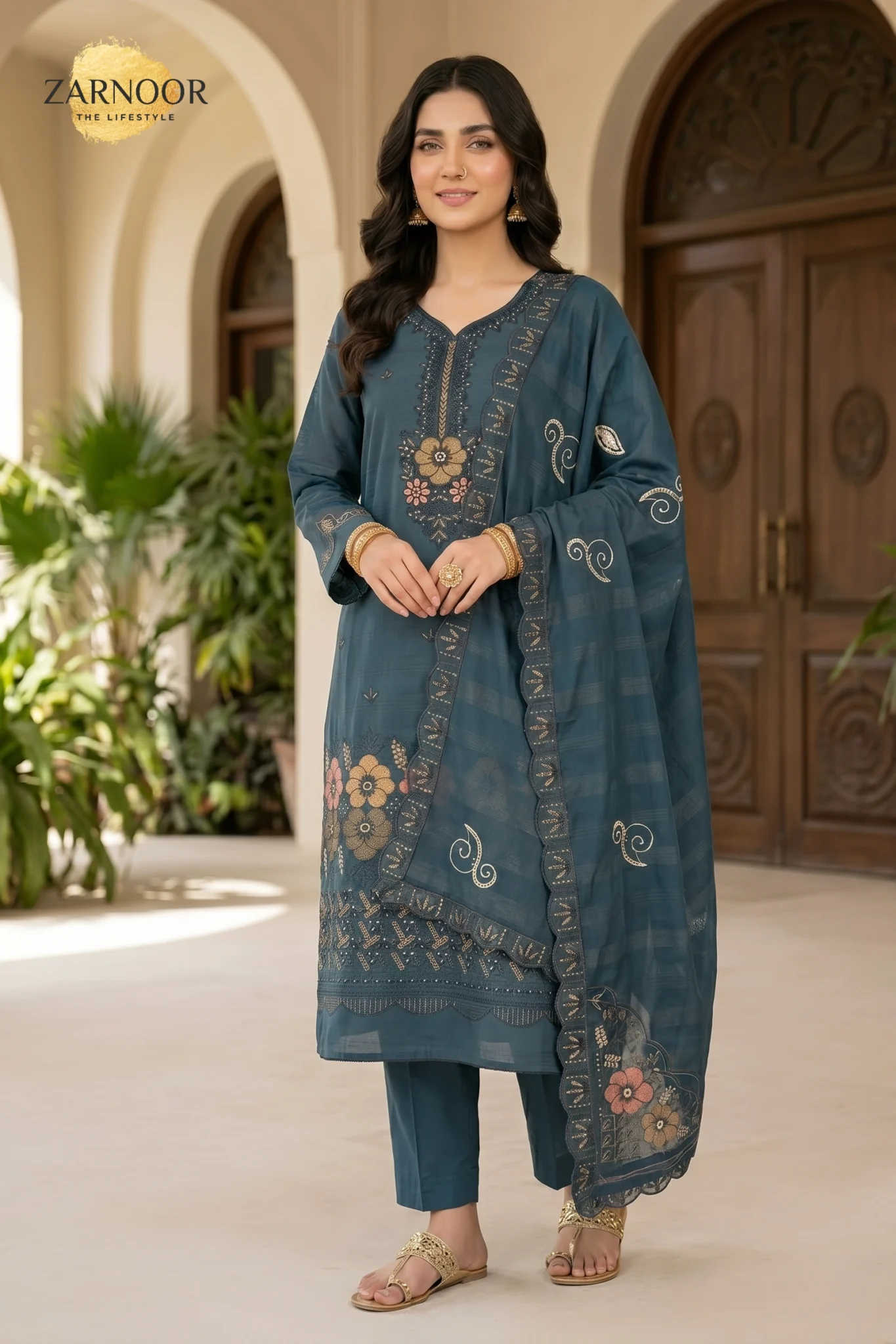 Woman wearing teal 4 piece suit with Chamki embroidery, boring daman detailing, and dyed cotton trousers