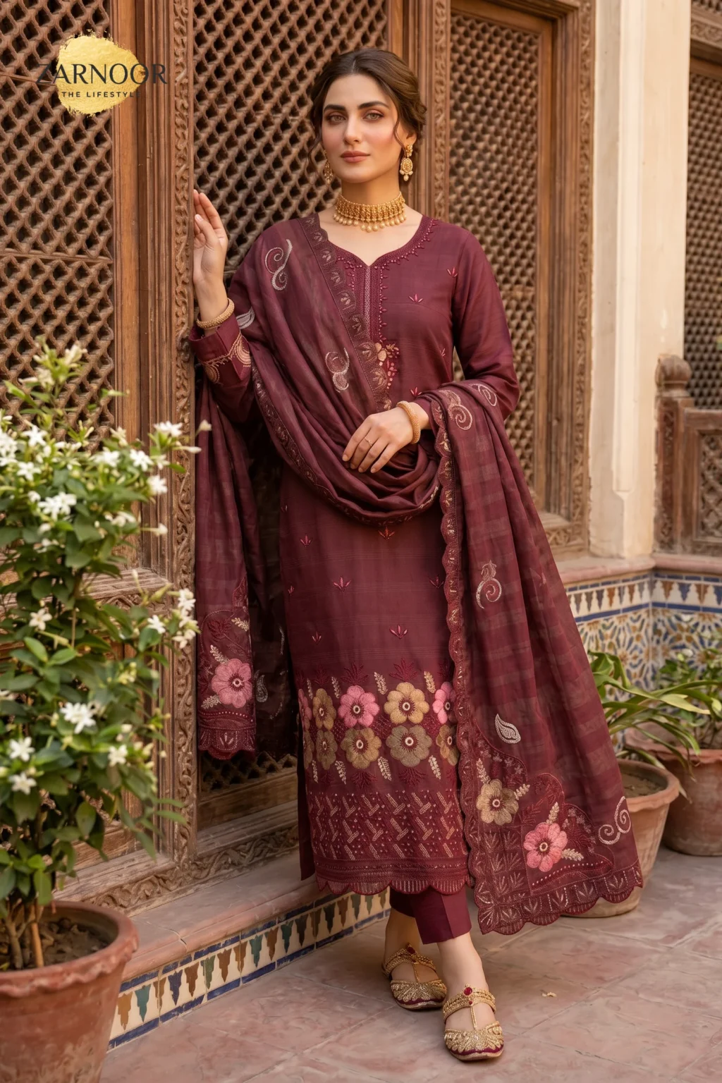 Woman wearing maroon 4 piece suit with Chamki embroidery, boring daman detailing, matching dupatta, and dyed cotton trousers