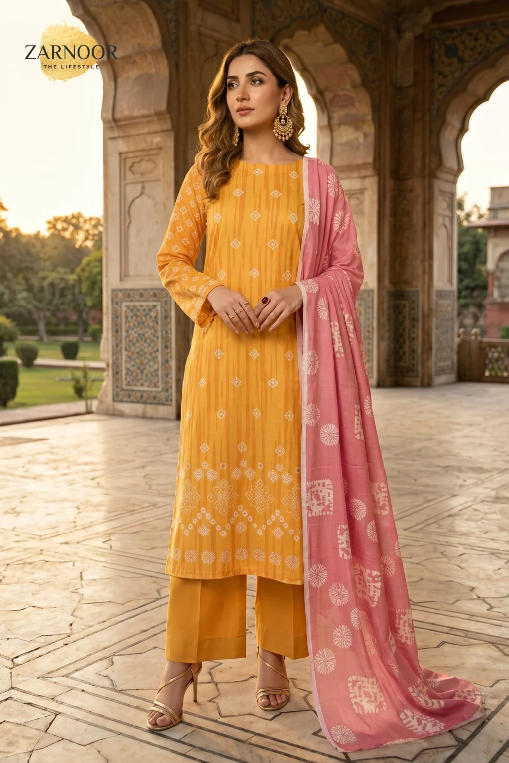 Woman wearing mustard yellow Chunri lawn 3-piece suit with pink printed dupatta and matching trousers