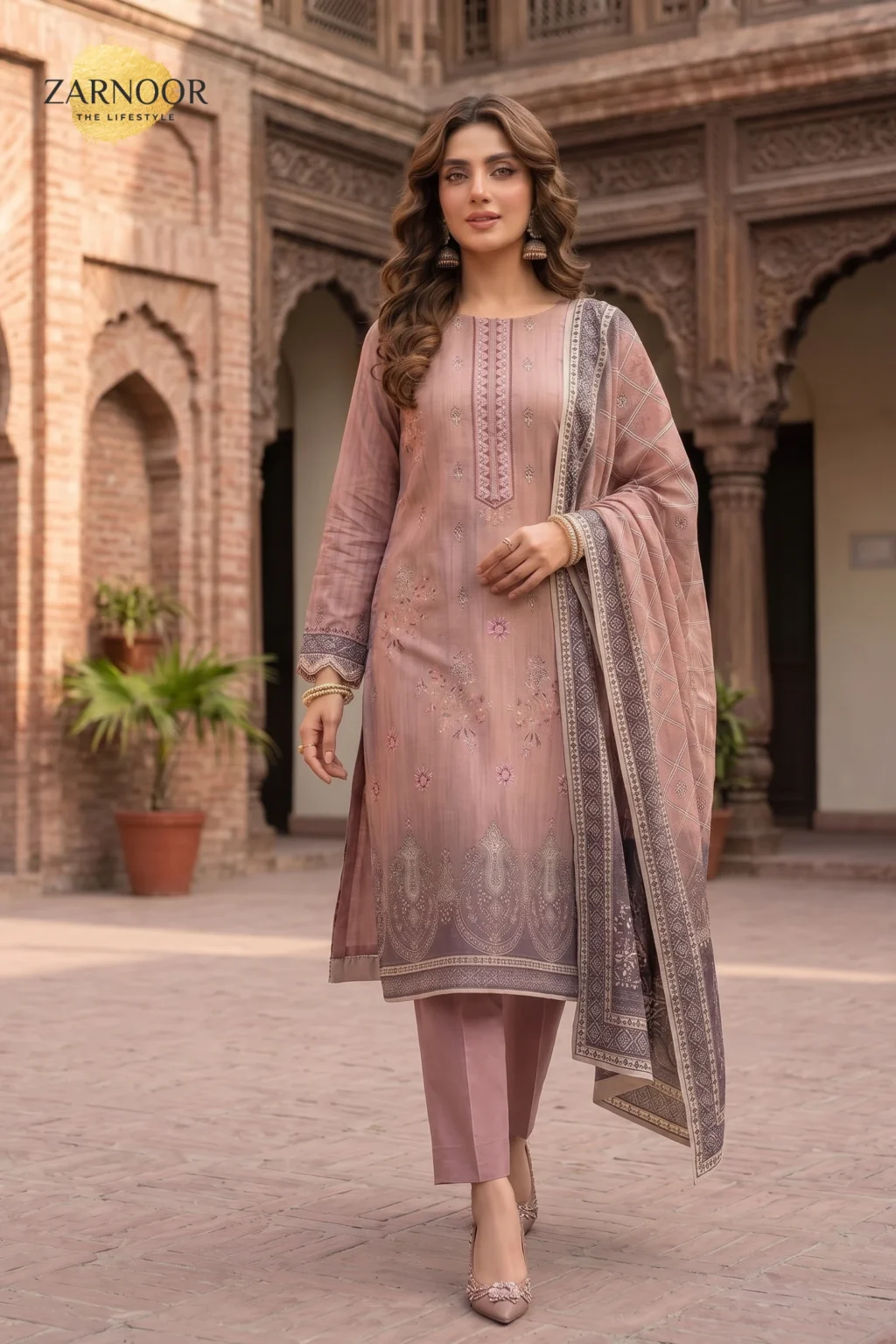 Dusty rose Banadora 3 piece suit with Malai Voil dupatta and dyed cotton trouser for women.