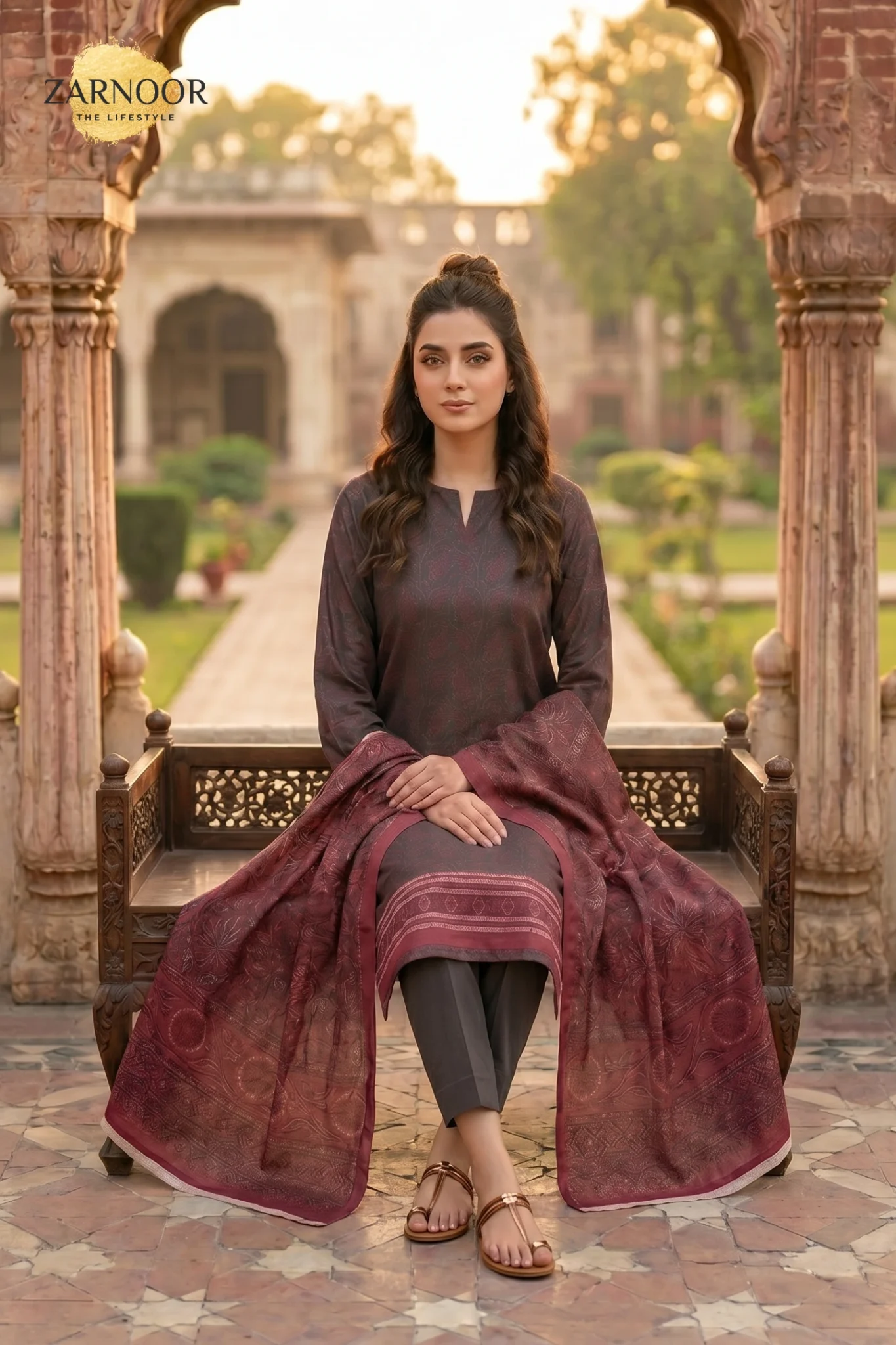 Maroon printed lawn 3 piece suit with matching printed lawn dupatta and trouser fabric for women.