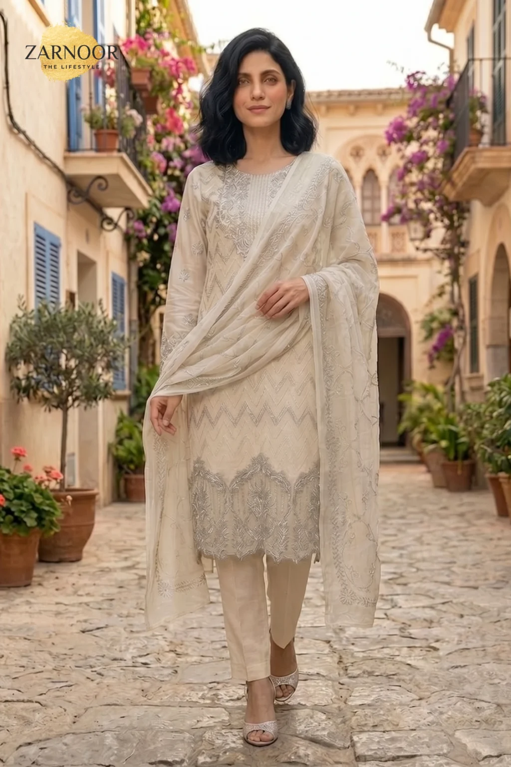 Ivory embroidered lawn 3 piece unstitched suit with sequins work and embroidered dupatta for women.