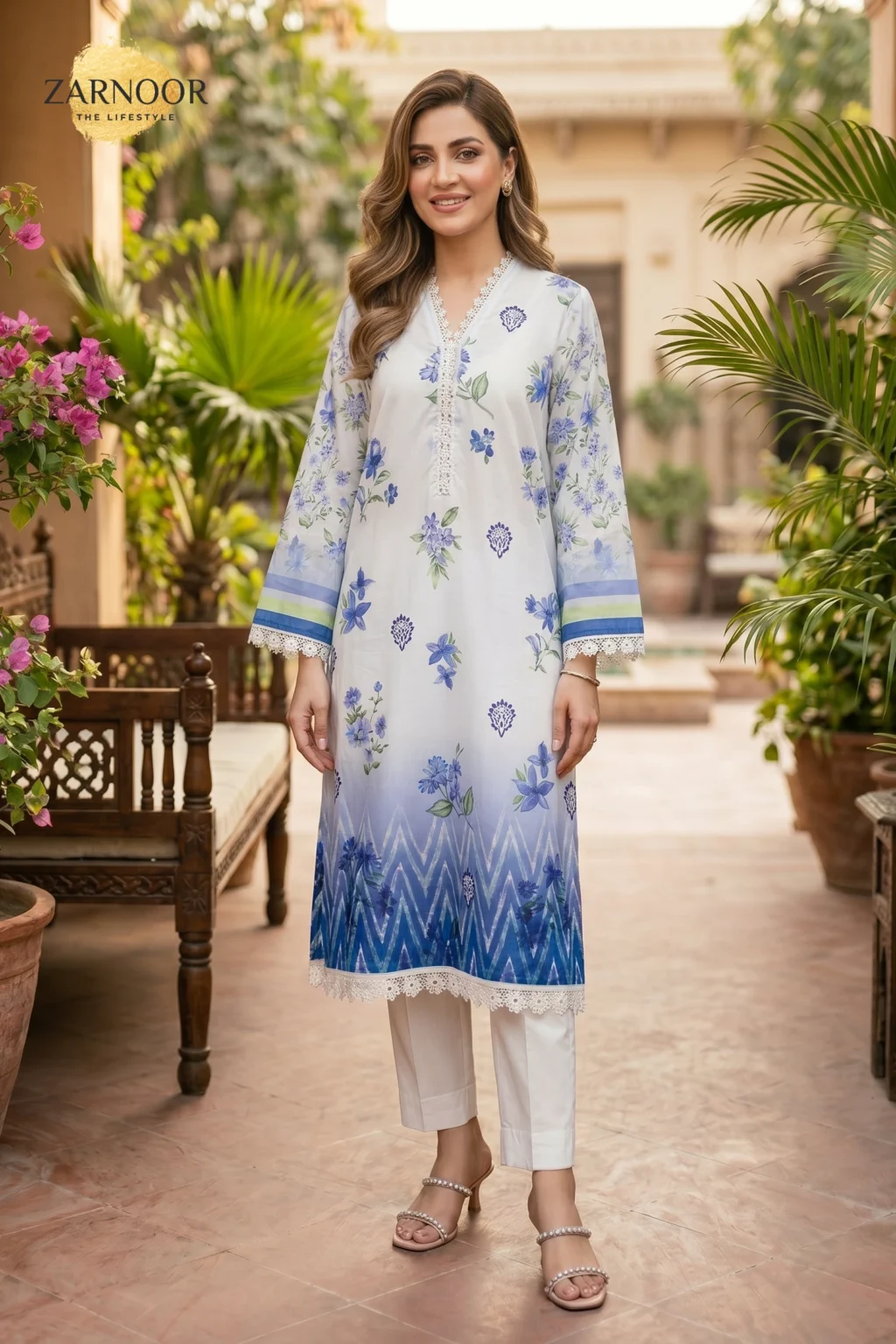 Sky Mist lawn digital print unstitched suit with diamond milky lace and floral printed dupatta for women.