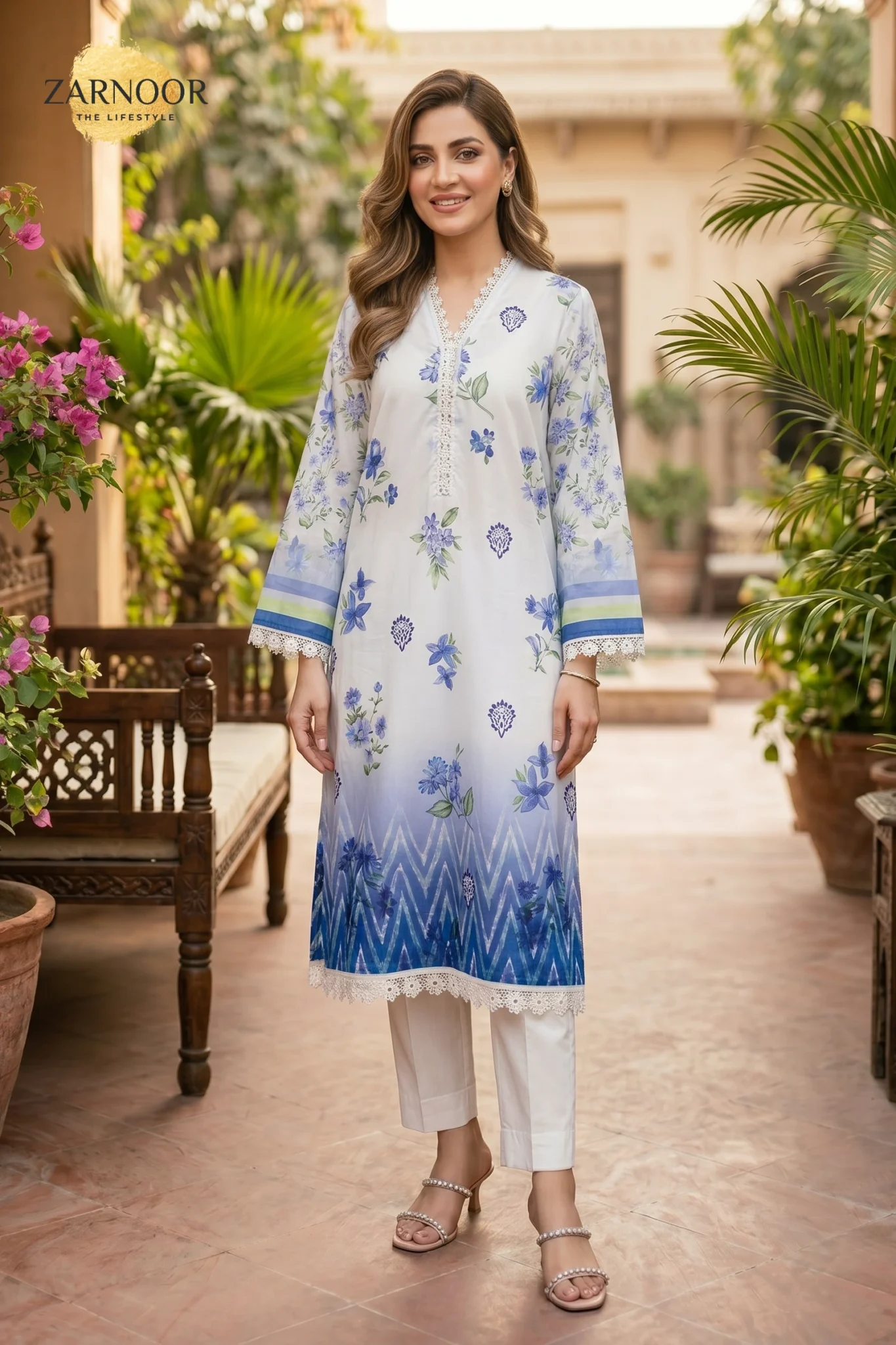 Sky Mist lawn digital print unstitched suit with diamond milky lace and floral printed dupatta for women.