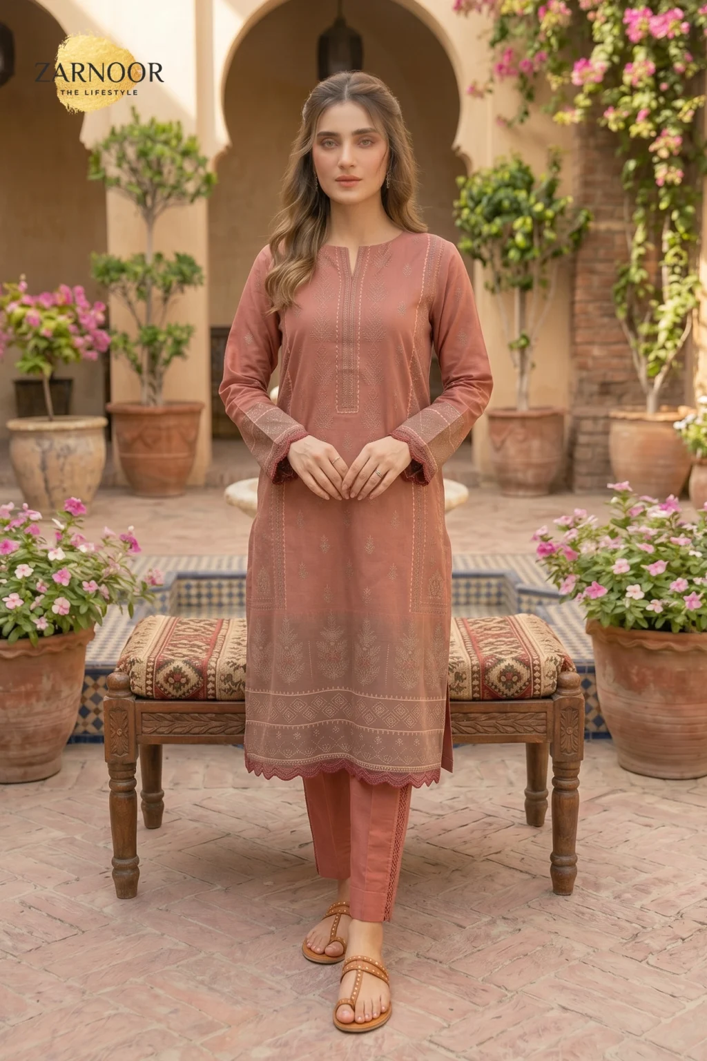 Zinc Banadora 3 piece suit with Malai Voil dupatta and matching dyed cotton trouser for women.