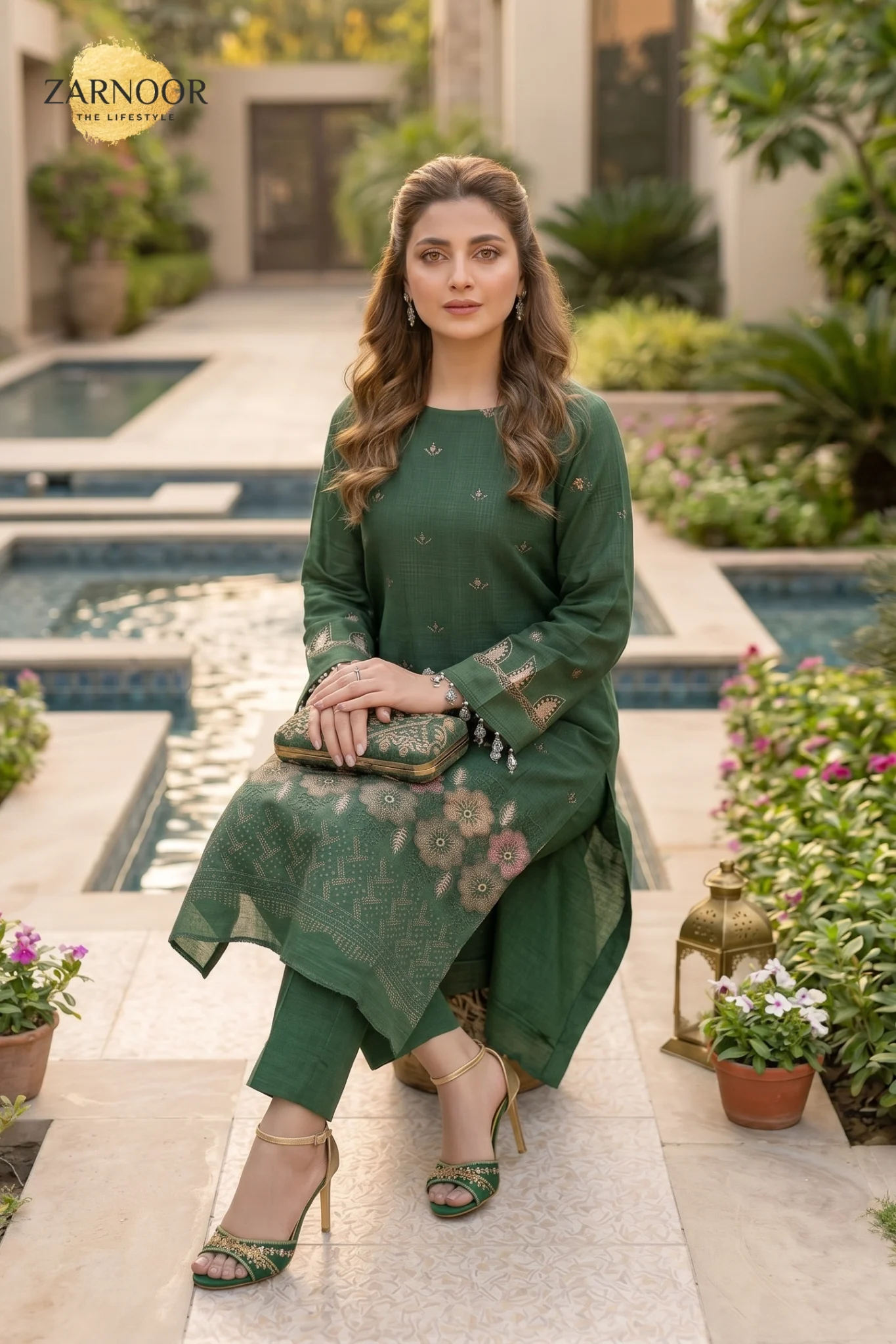 Mehndi green 4 piece suit with chamki embroidery, boring daman detailing, and matching dupatta for women.