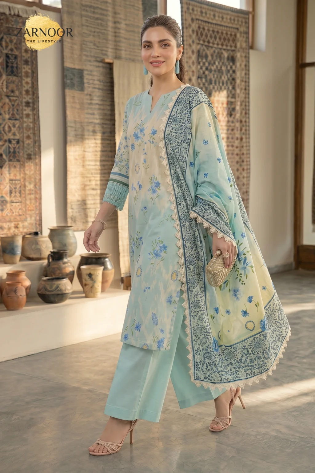 Sky blue premium lawn digital print unstitched suit with floral print and diamond milky lace dupatta for women.