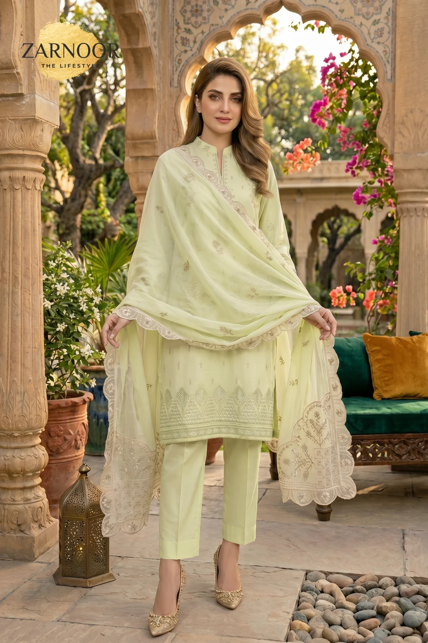 Pastel pistachio dyed lawn 3 piece suit with light chamki embroidery, embroidered front and sleeves, fancy bamber dupatta, and plain trouser for women.