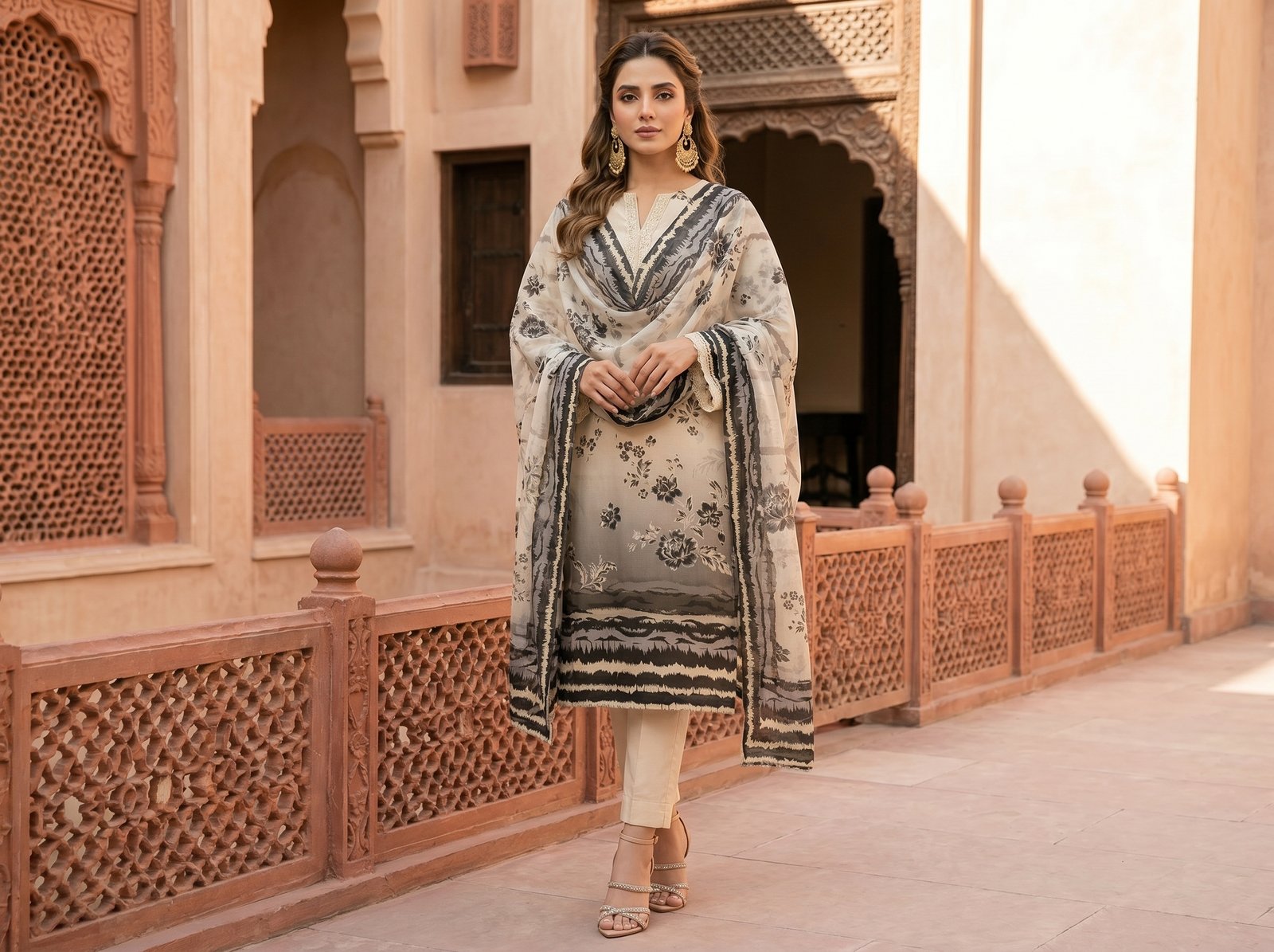 Woman wearing off white premium lawn digital print 3-piece suit with voile digital print dupatta and cotton dyed trousers