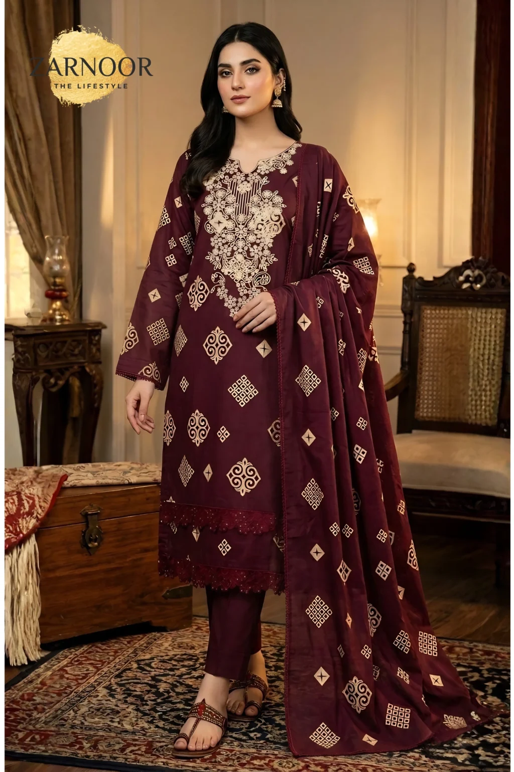 Maroon Unstitched Digital Print Embroidered 3 Piece Suit (2)