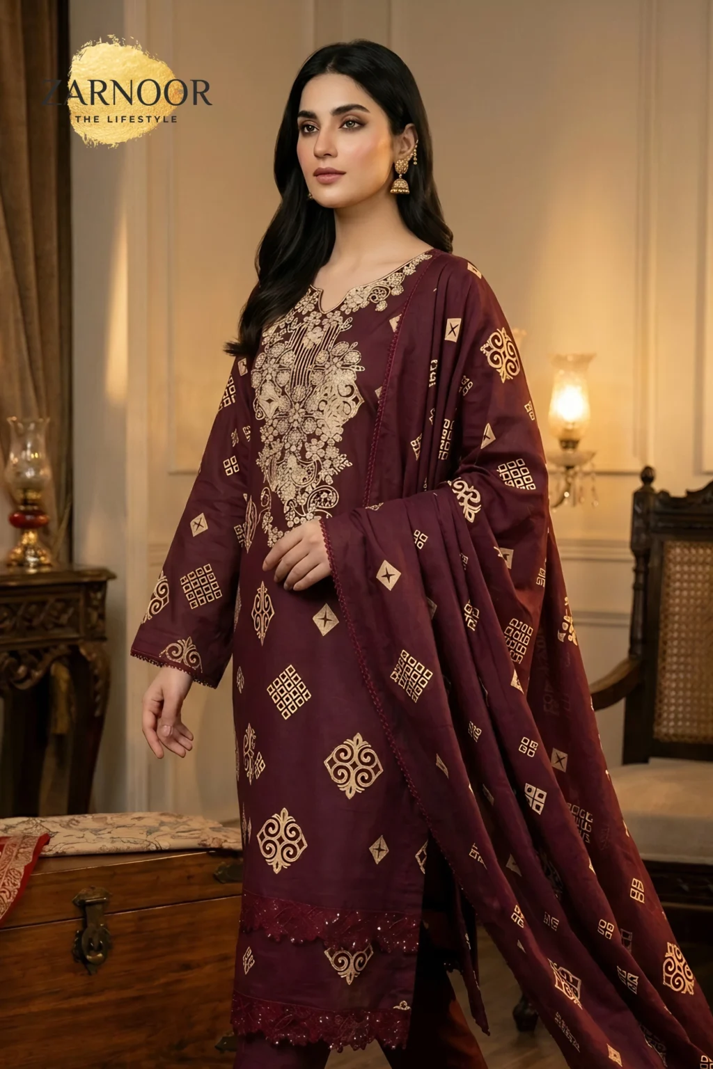 Maroon Unstitched Digital Print Embroidered 3 Piece Suit (3)