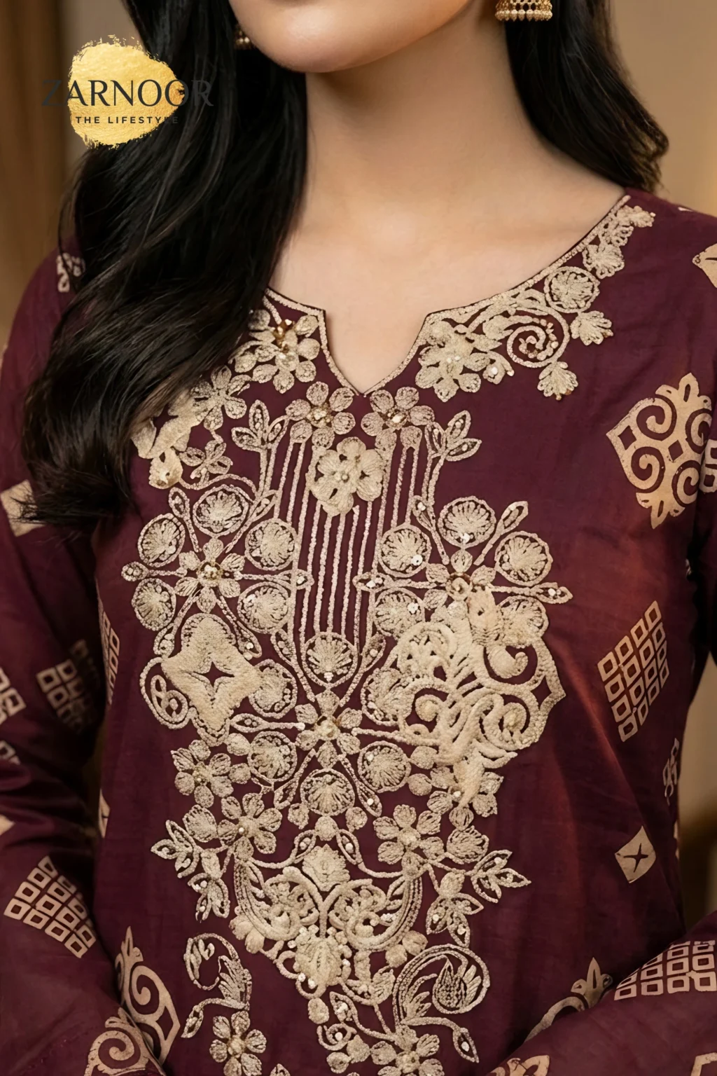 Maroon Unstitched Digital Print Embroidered 3 Piece Suit (4)