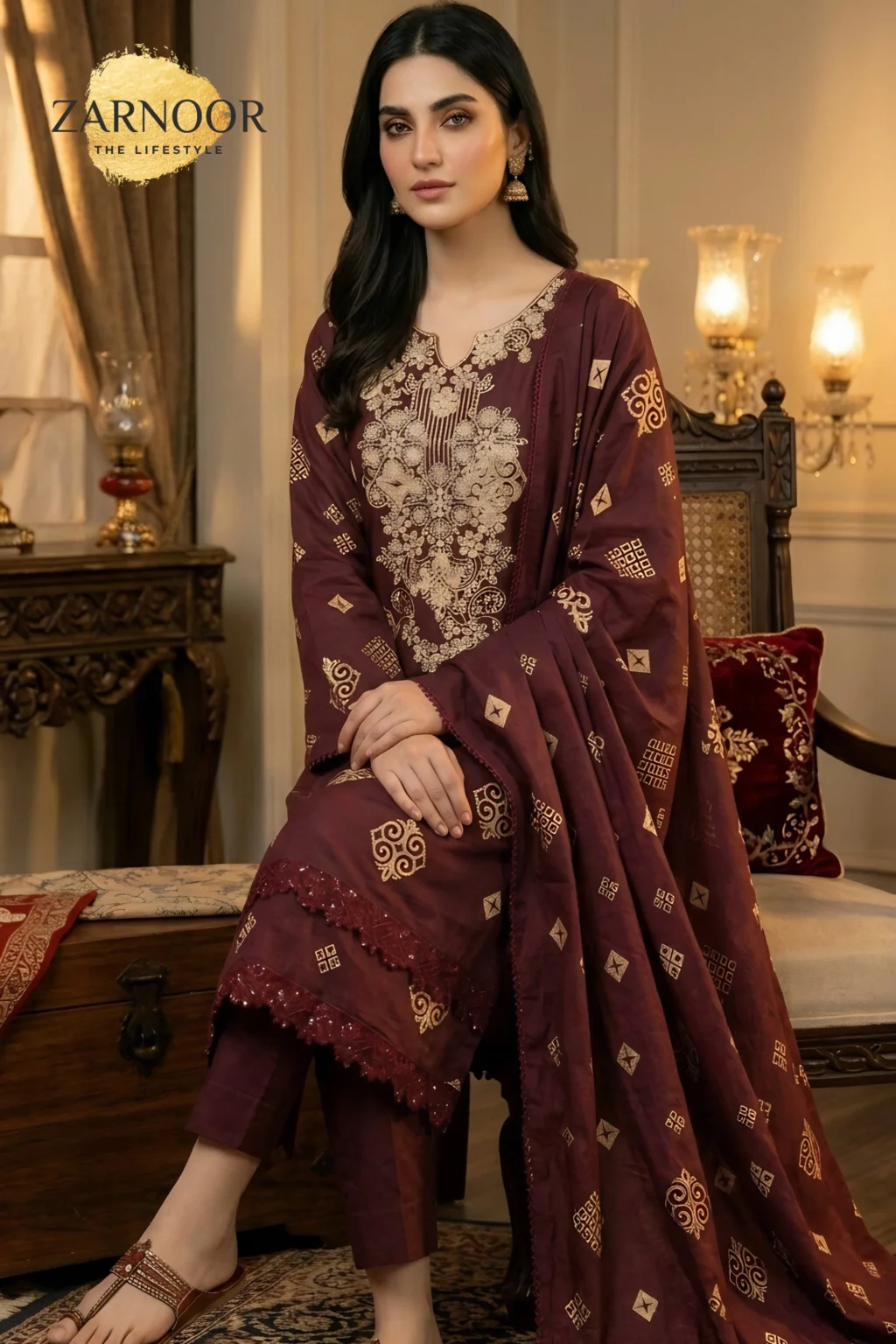 Maroon Unstitched Digital Print Embroidered 3 Piece Suit (5)