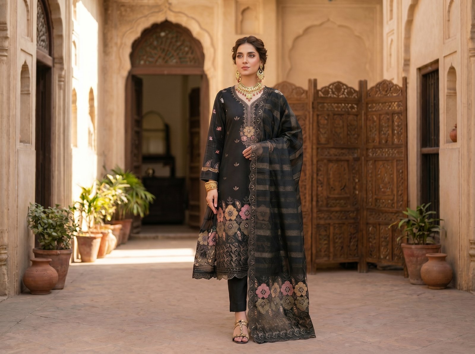 Woman wearing black 4 piece suit with Chamki embroidery, boring daman detailing, matching dupatta, and dyed cotton trousers