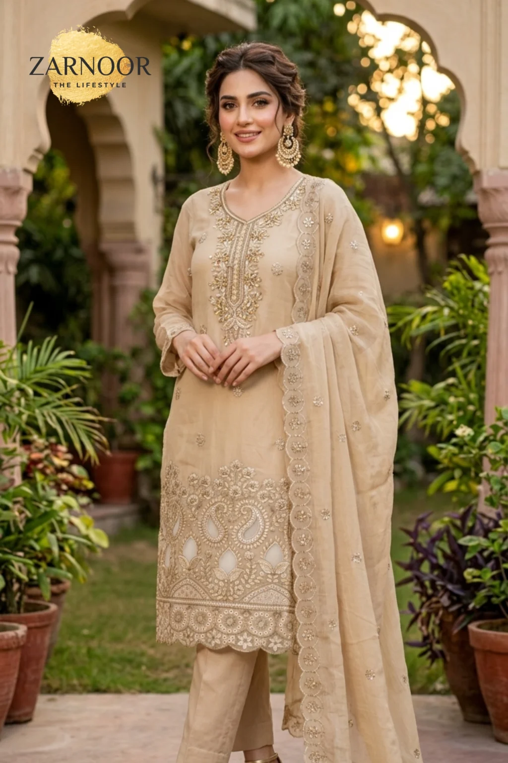 Premium Light Beige Embroidered Unstitched Lawn Cotton 3 Piece Suit (2)