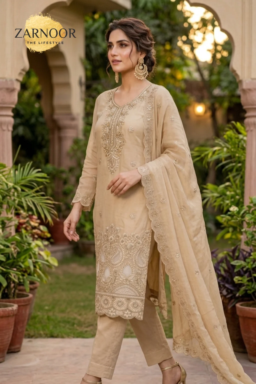Premium Light Beige Embroidered Unstitched Lawn Cotton 3 Piece Suit (3)