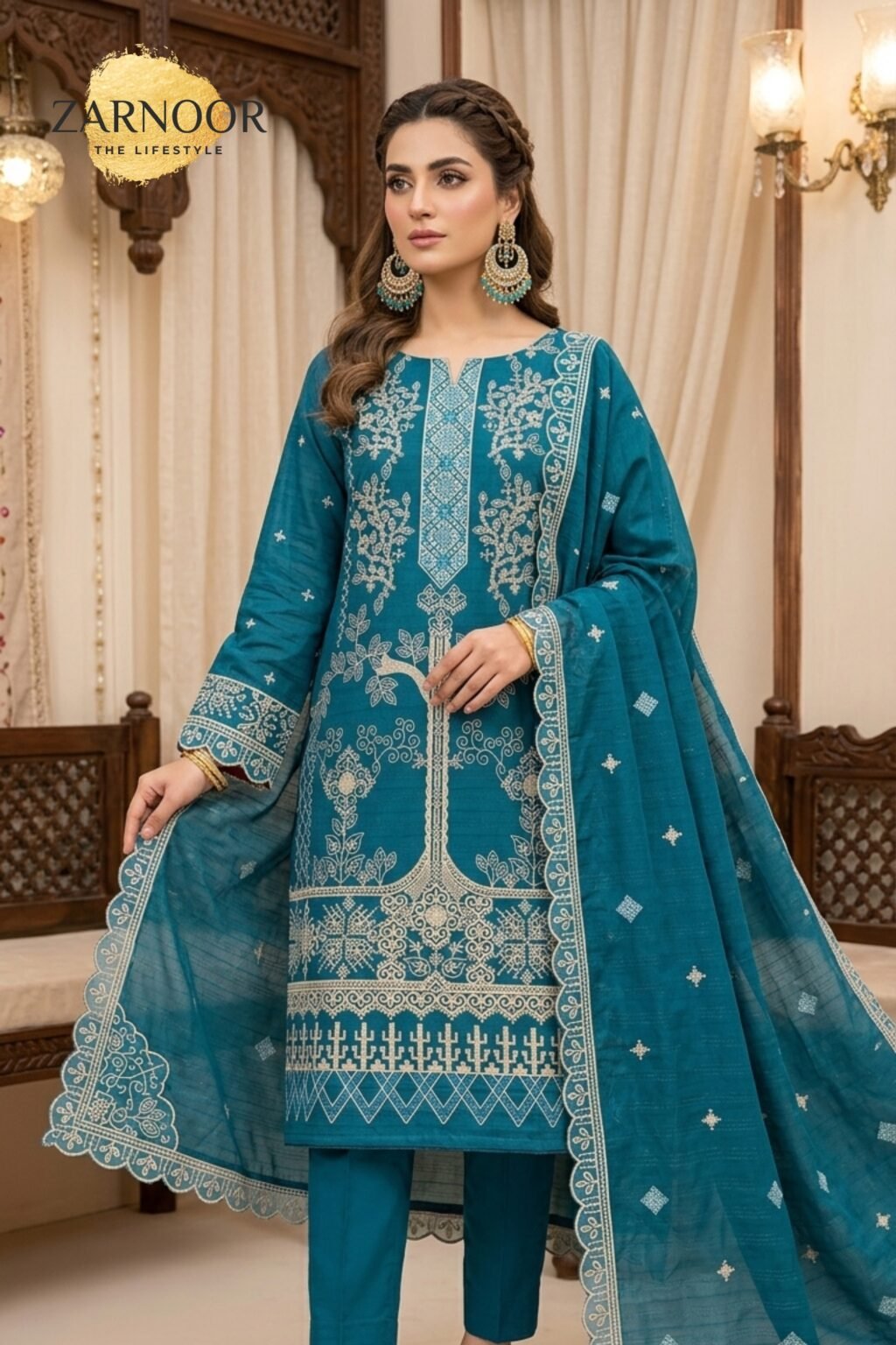 Premium TealDark Ferozi Embroidered Unstitched Lawn Cotton 3 Piece Suit 1