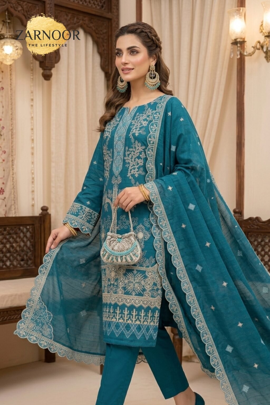 Premium TealDark Ferozi Embroidered Unstitched Lawn Cotton 3 Piece Suit 2