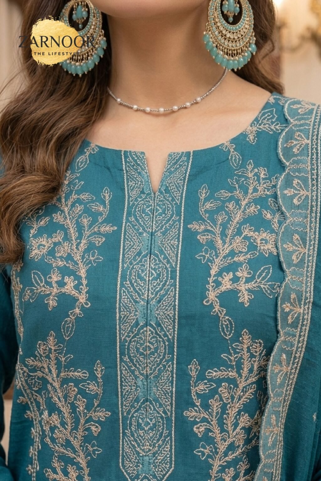 Premium TealDark Ferozi Embroidered Unstitched Lawn Cotton 3 Piece Suit 3