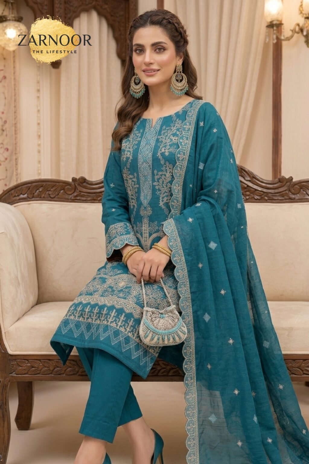 Premium TealDark Ferozi Embroidered Unstitched Lawn Cotton 3 Piece Suit 4