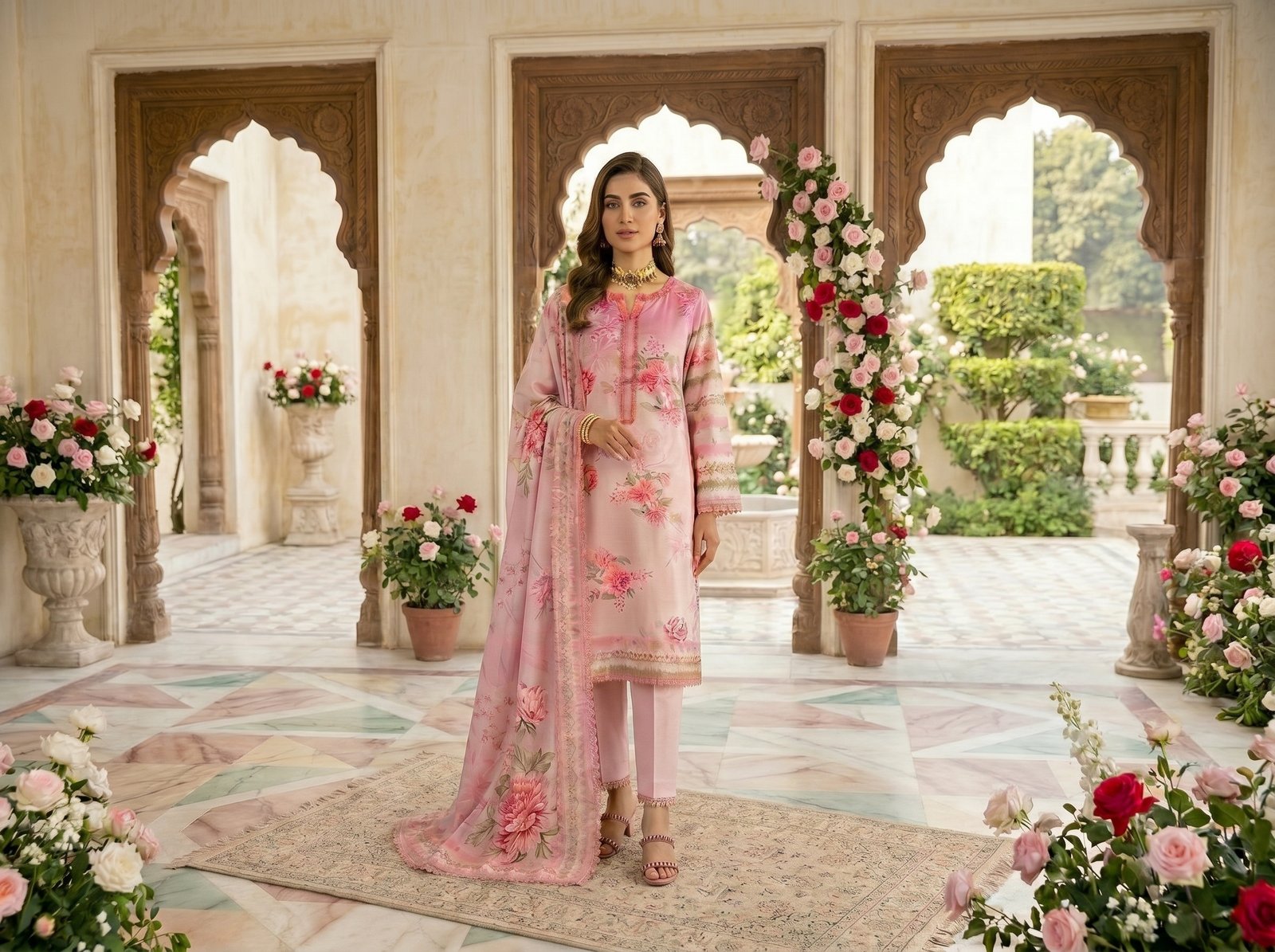 Woman wearing baby pink premium lawn digital print 3-piece suit with voile digital print dupatta and matching trousers