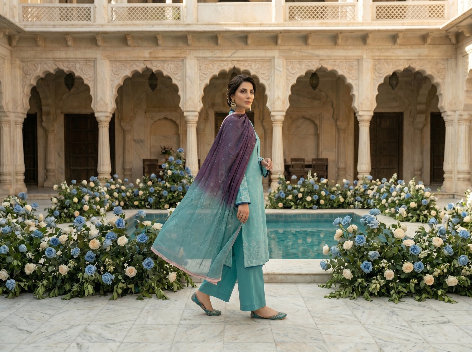Woman wearing turquoise Chunri lawn 3-piece suit with contrast purple printed dupatta and matching trousers