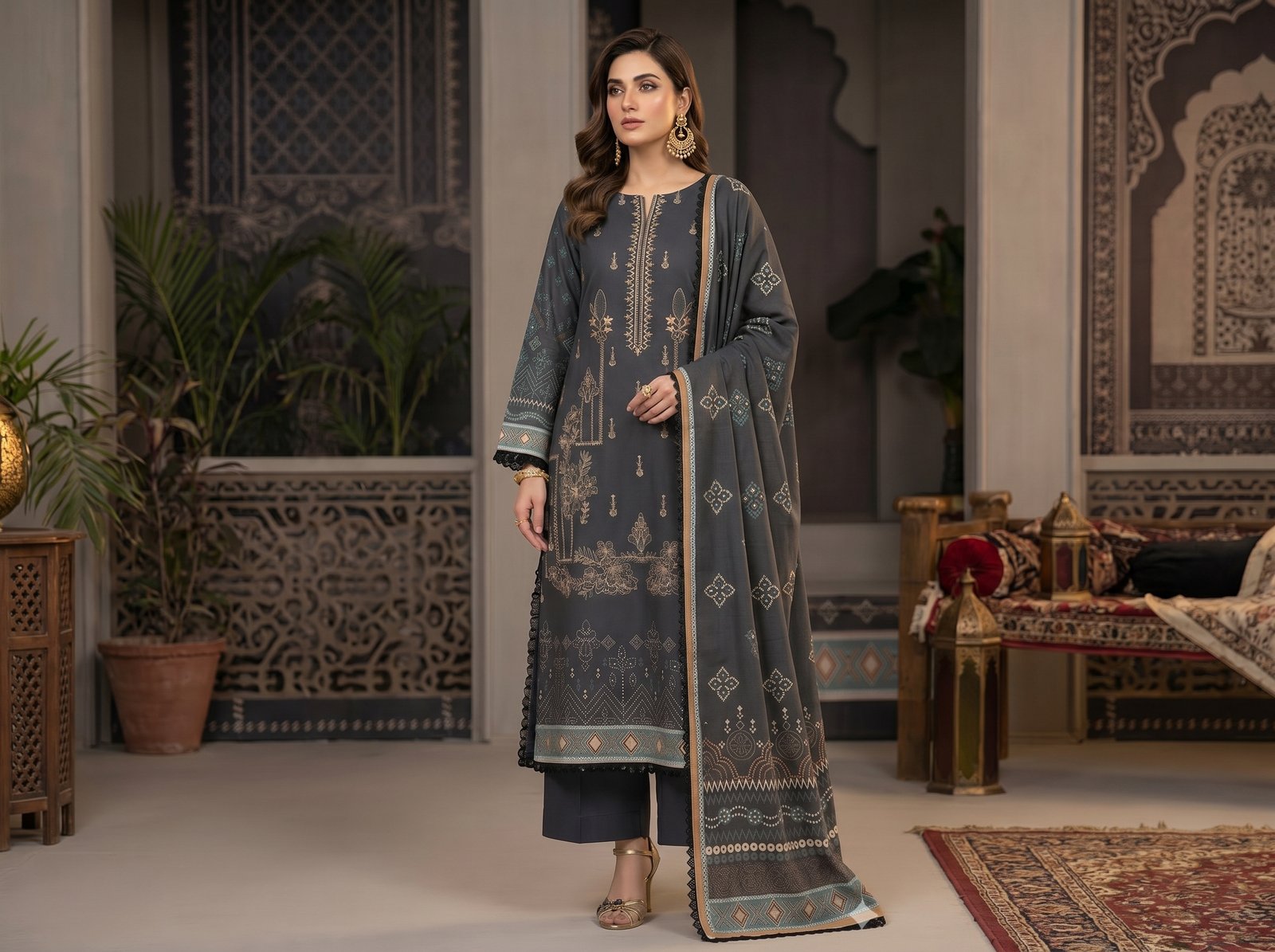 Woman wearing charcoal embroidered Chunri lawn 3-piece suit with lawn dupatta and dyed trousers