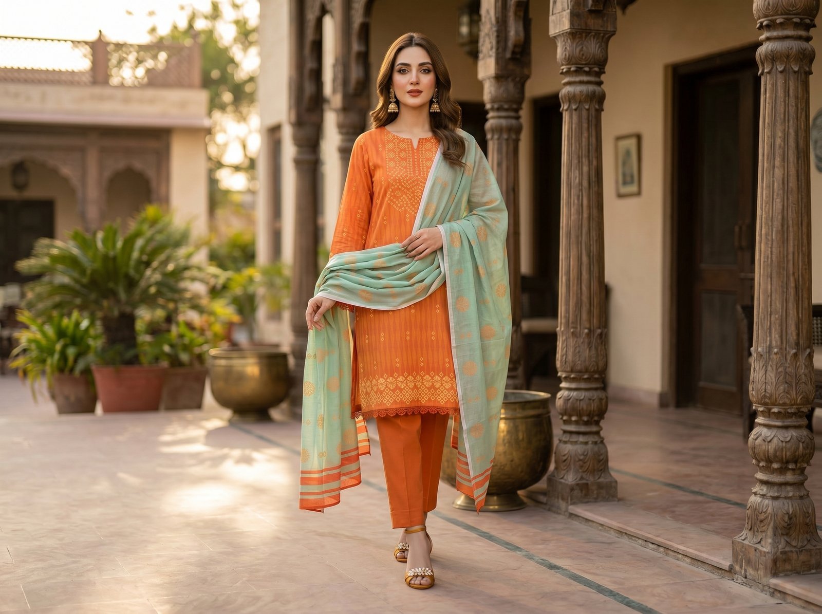 Woman wearing orange Chunri lawn 3-piece suit with printed lawn dupatta and matching trousers