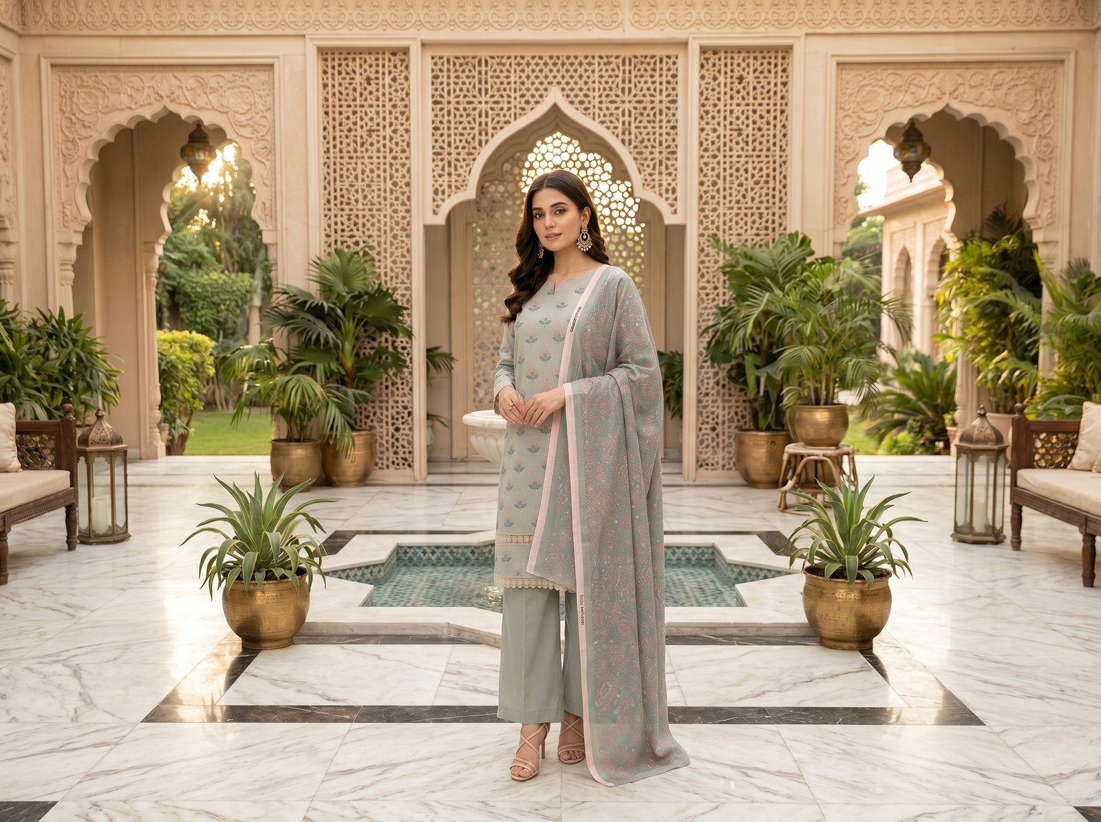 Woman wearing sage green printed lawn 3-piece suit with printed lawn dupatta and dyed cambric trousers