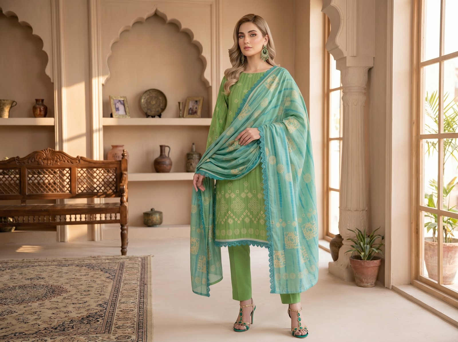 Woman wearing green Chunri lawn 3-piece suit with printed lawn dupatta and matching trousers